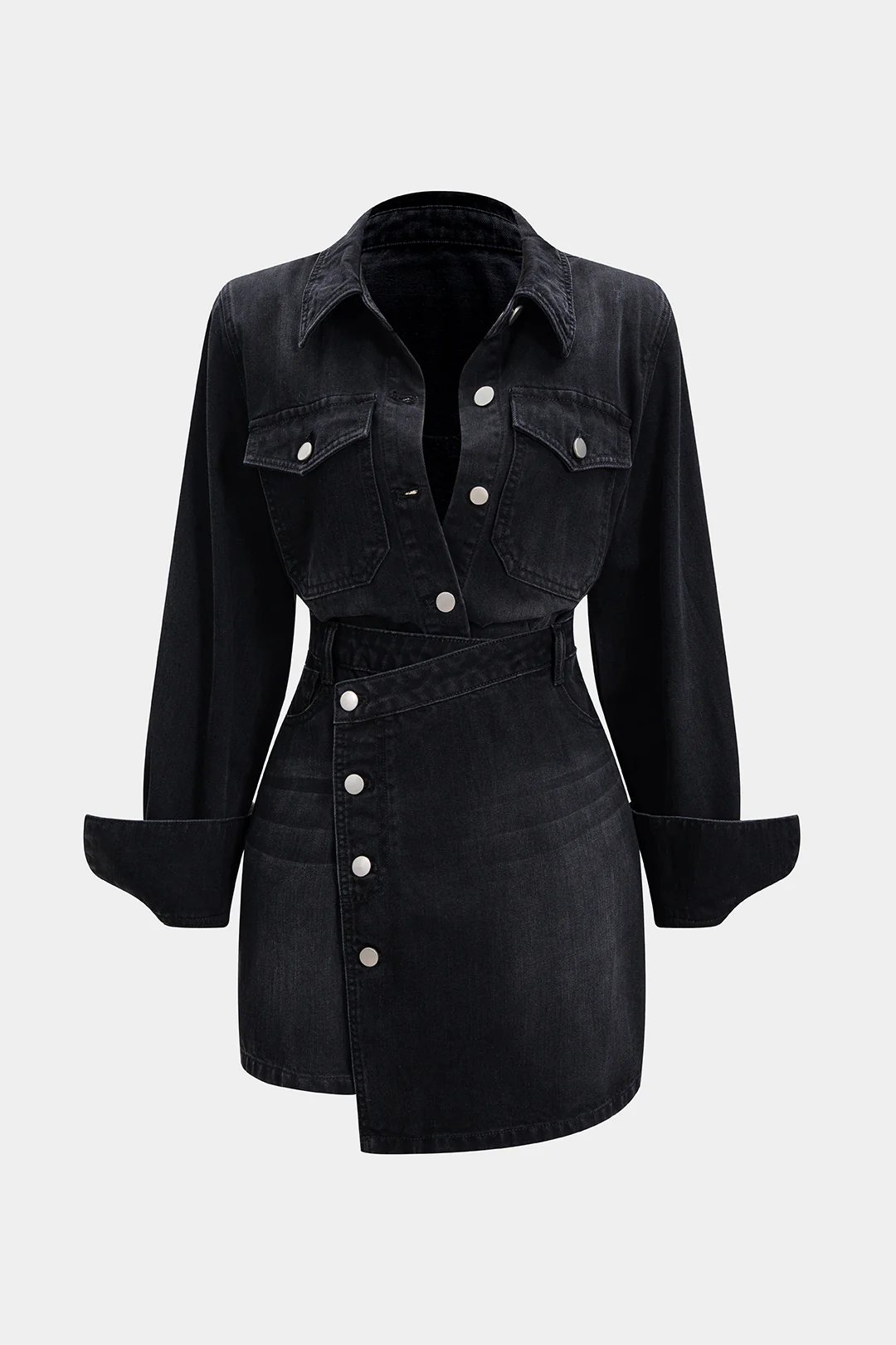 Denim Button Long-Sleeve Top And High Waist Mini Skirt Set - Image 14