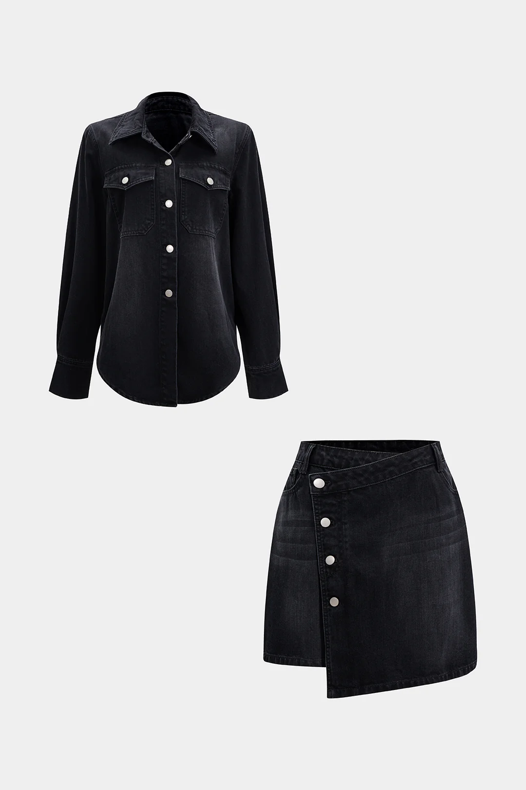 Denim Button Long-Sleeve Top And High Waist Mini Skirt Set - Image 15