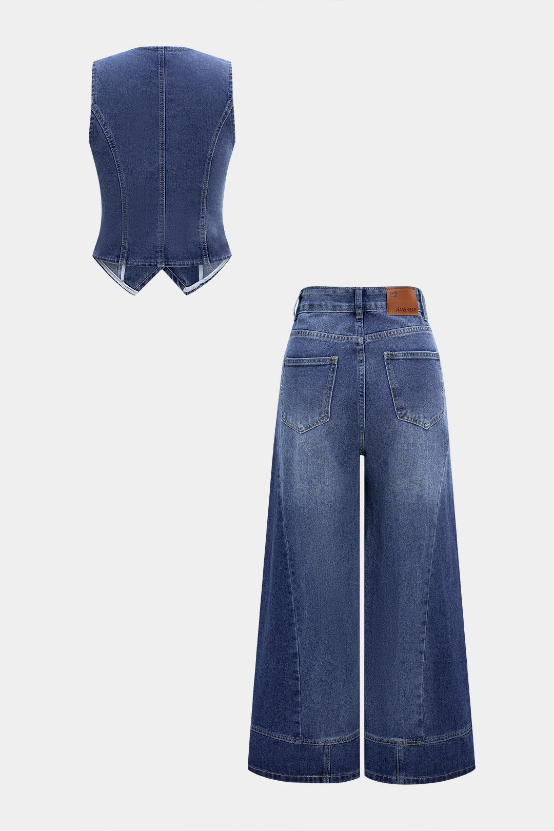 Denim Washed Button Tank Top And Ripped High Waist Wide Leg Jeans Set - Image 2