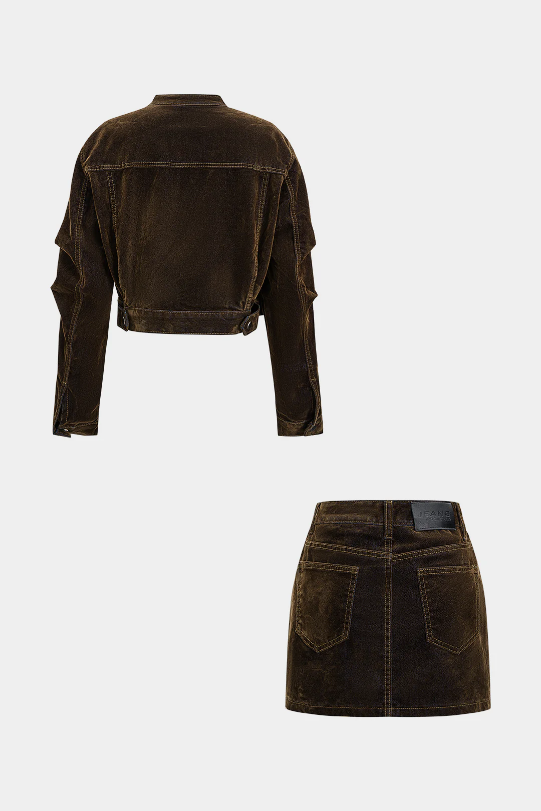 Denim Zipper Long-Sleeve Cropped Jacket And Mini Skirt Suit - Image 2