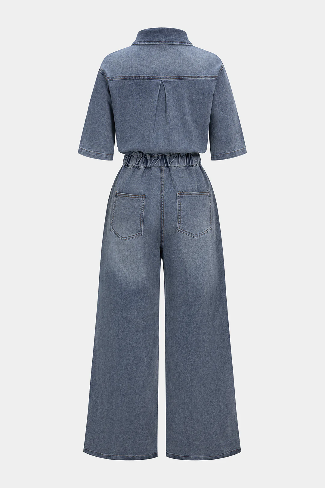 Denim Button Drawstring Pocket Short-Sleeve Jumpsuit - Image 2