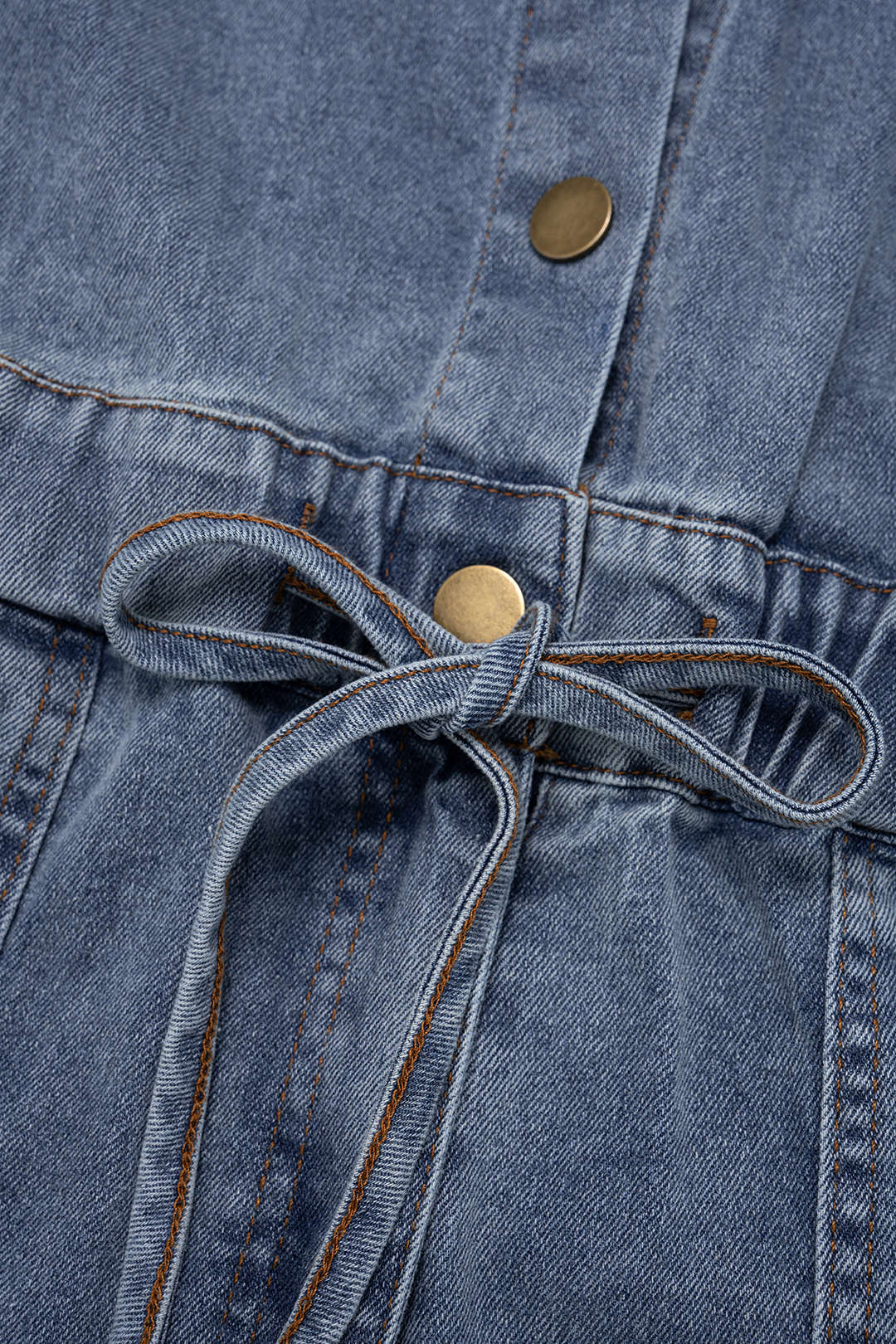 Denim Button Drawstring Pocket Short-Sleeve Jumpsuit - Image 3