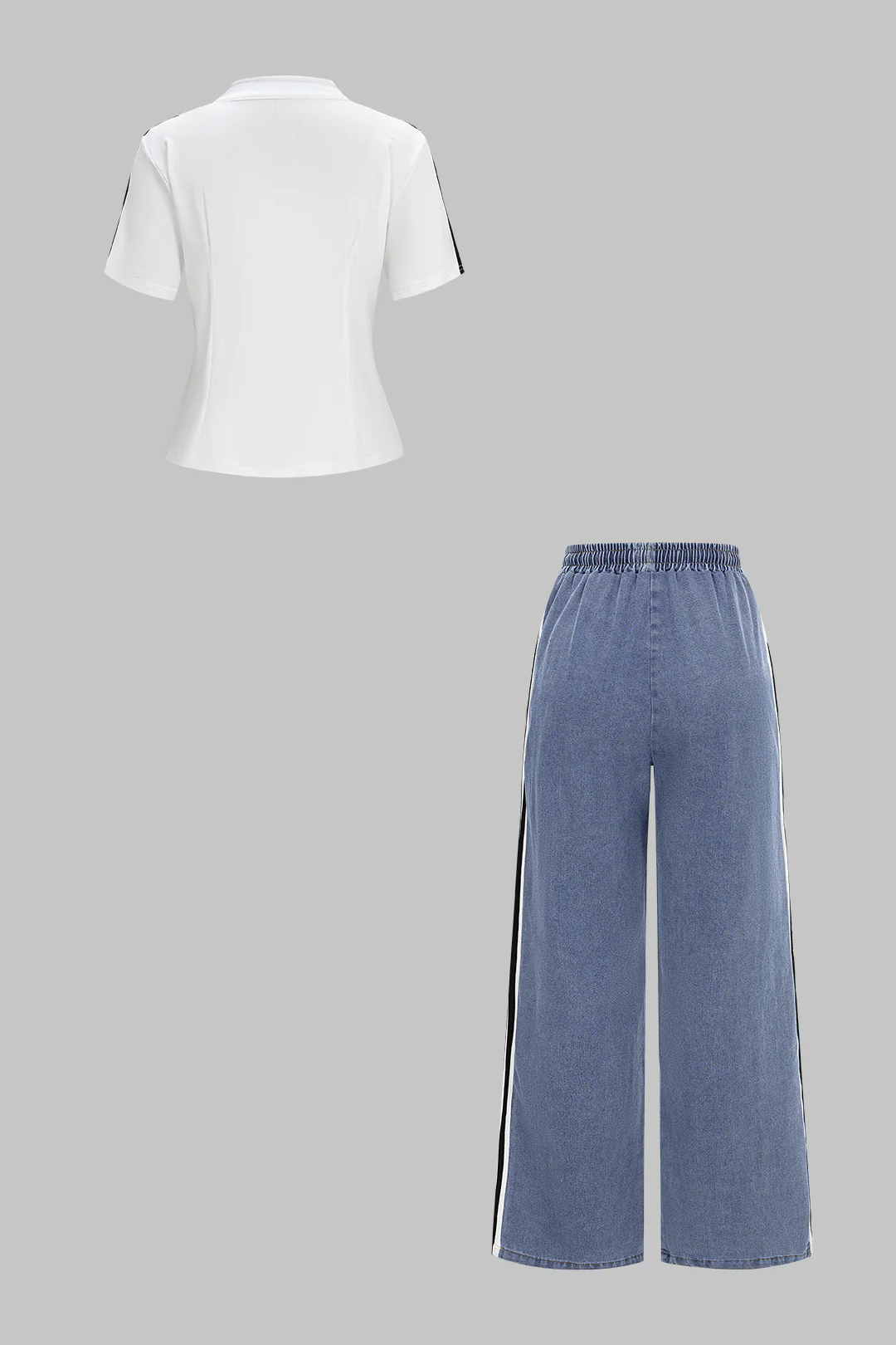 Denim Patchwork Mock Neck Zipper Short Sleeve Top And Drawstring Shirred Waistband Jeans Set - Image 2