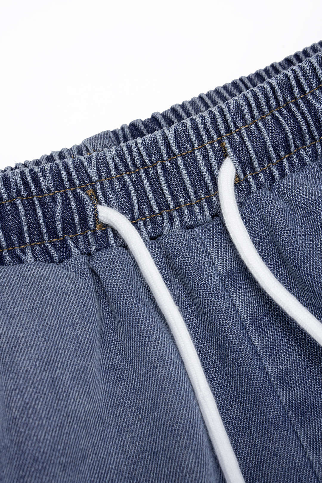 Denim Patchwork Mock Neck Zipper Short Sleeve Top And Drawstring Shirred Waistband Jeans Set - Image 3