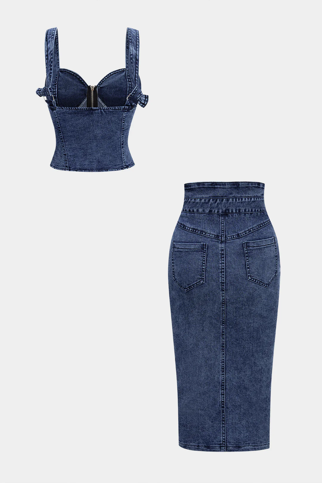 Denim Zipper Cami Top And Pocket Button Skirt Set - Image 2