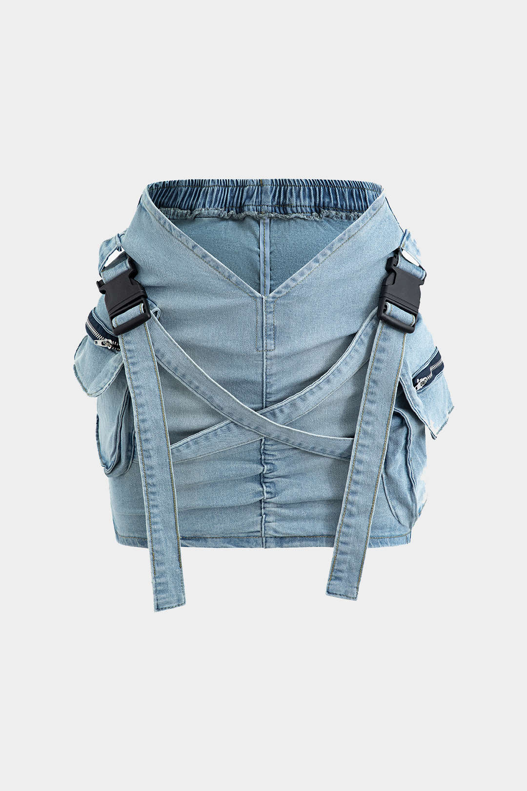 V-waist Buckle Flap Pocket Denim Cargo Skirt - Image 10