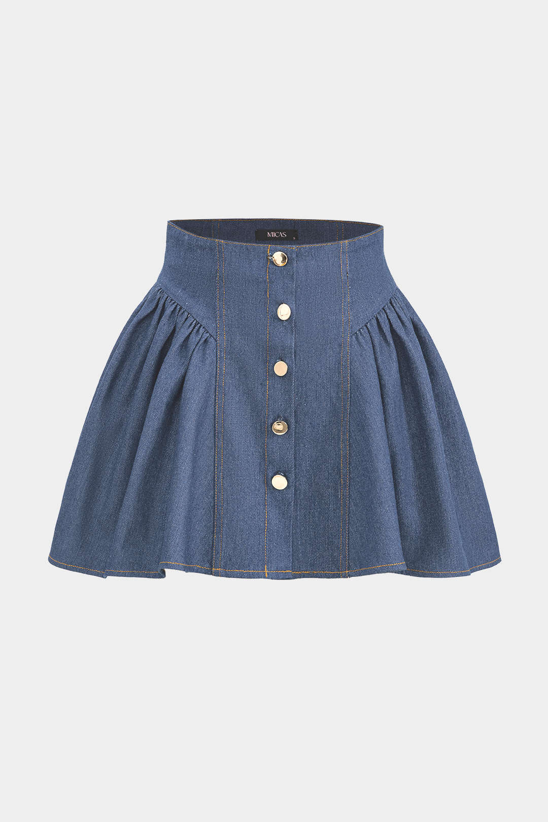 Denim Ruched Button High Waist Skirt - Image 6