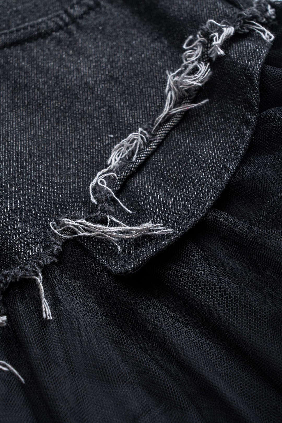 Denim Mesh Patchwork Belted Button Pocket Skirt - Image 8