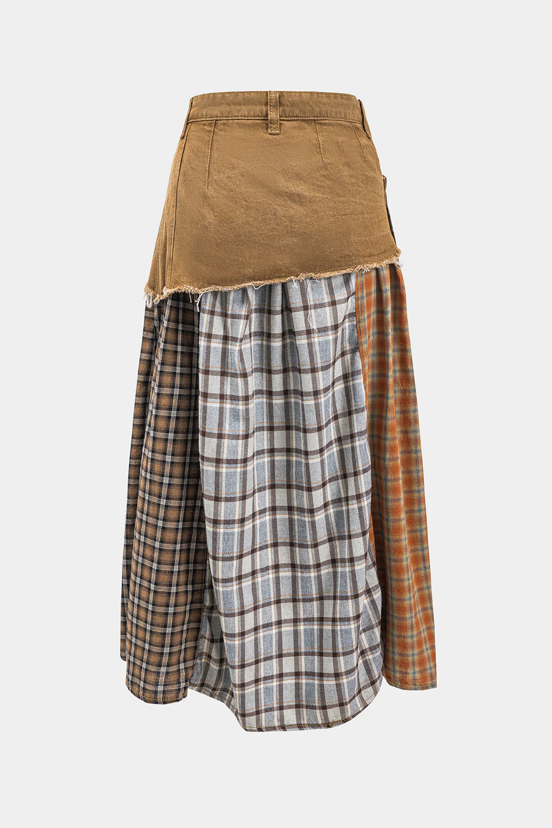 Color Block Plaid Print Denim Patchwork Asymmetrical Skirt - Image 2
