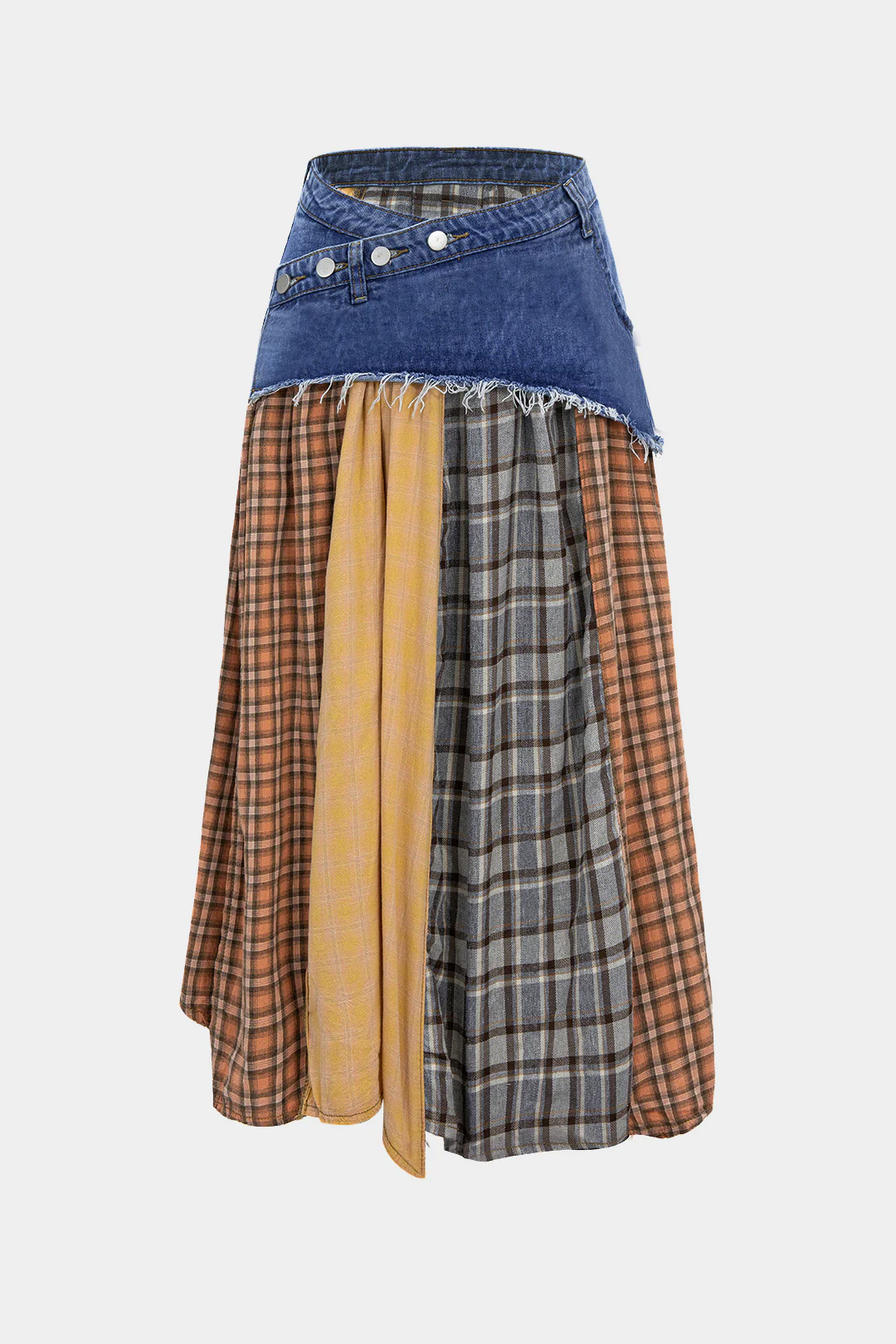 Color Block Plaid Print Denim Patchwork Asymmetrical Skirt - Image 6