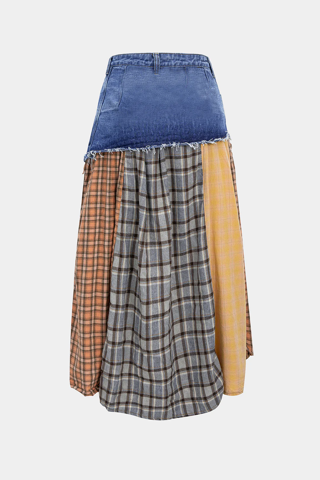 Color Block Plaid Print Denim Patchwork Asymmetrical Skirt - Image 7