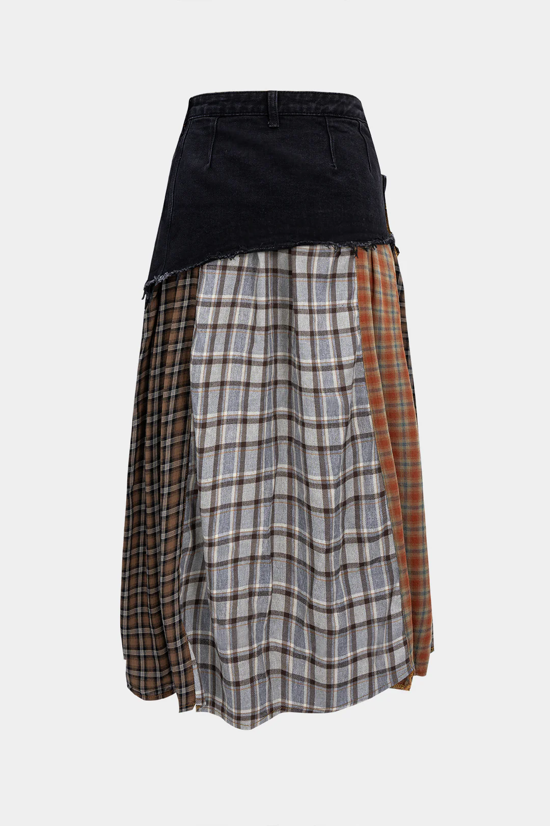 Color Block Plaid Print Denim Patchwork Asymmetrical Skirt - Image 9