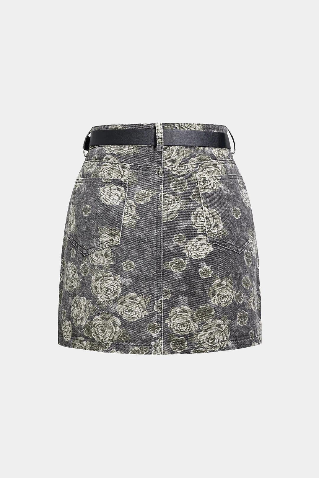 Floral Print Denim High Waist Belted Mini Skirt - Image 2