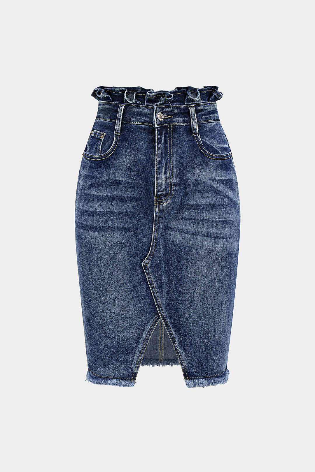 Denim Ruffle Asymmetrical Frayed Skirt