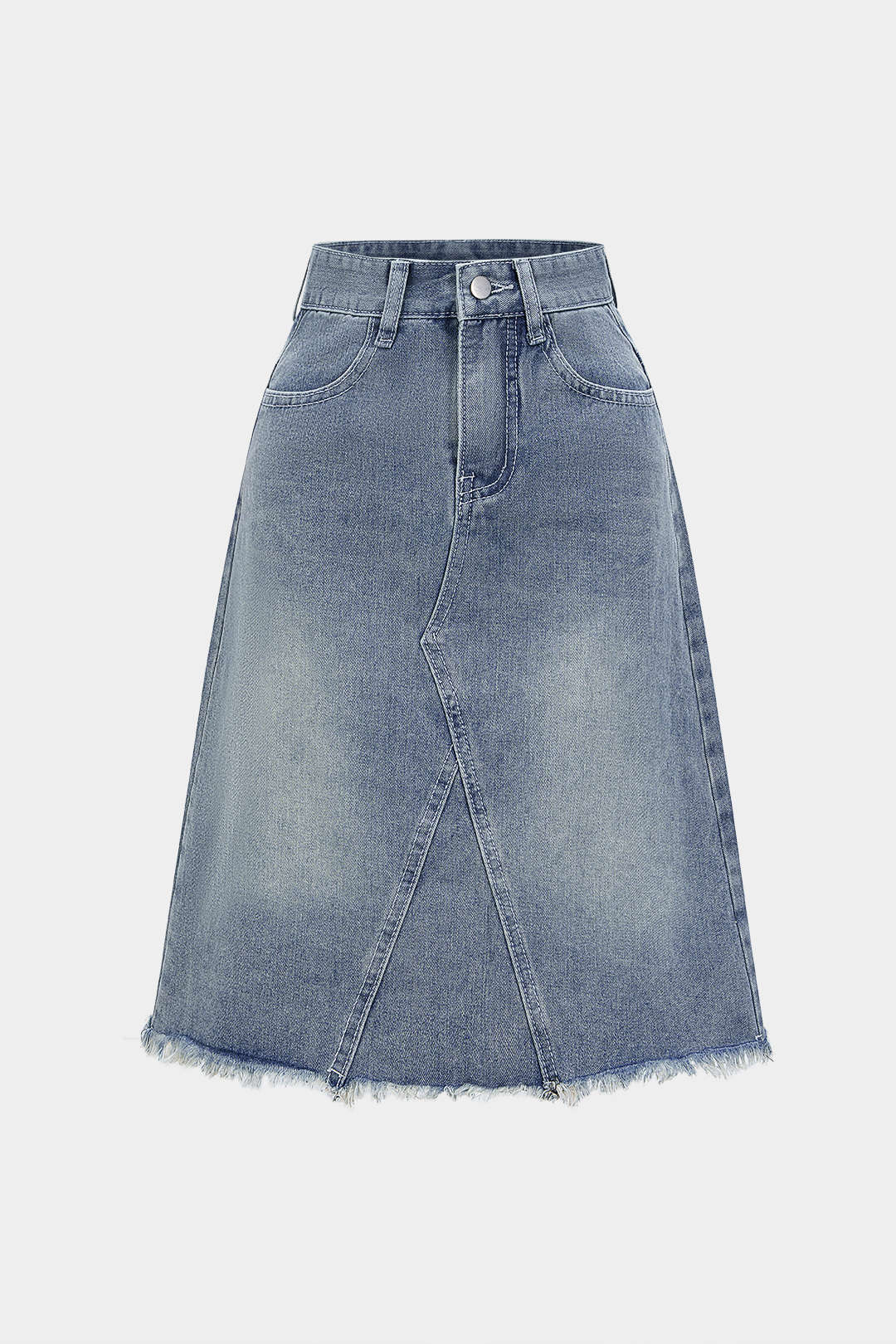 Denim High Waist Belted Frayed Skirt