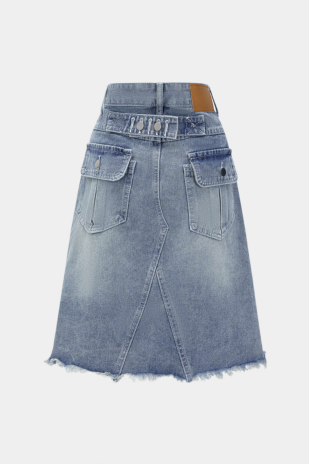 Denim High Waist Belted Frayed Skirt - Image 2