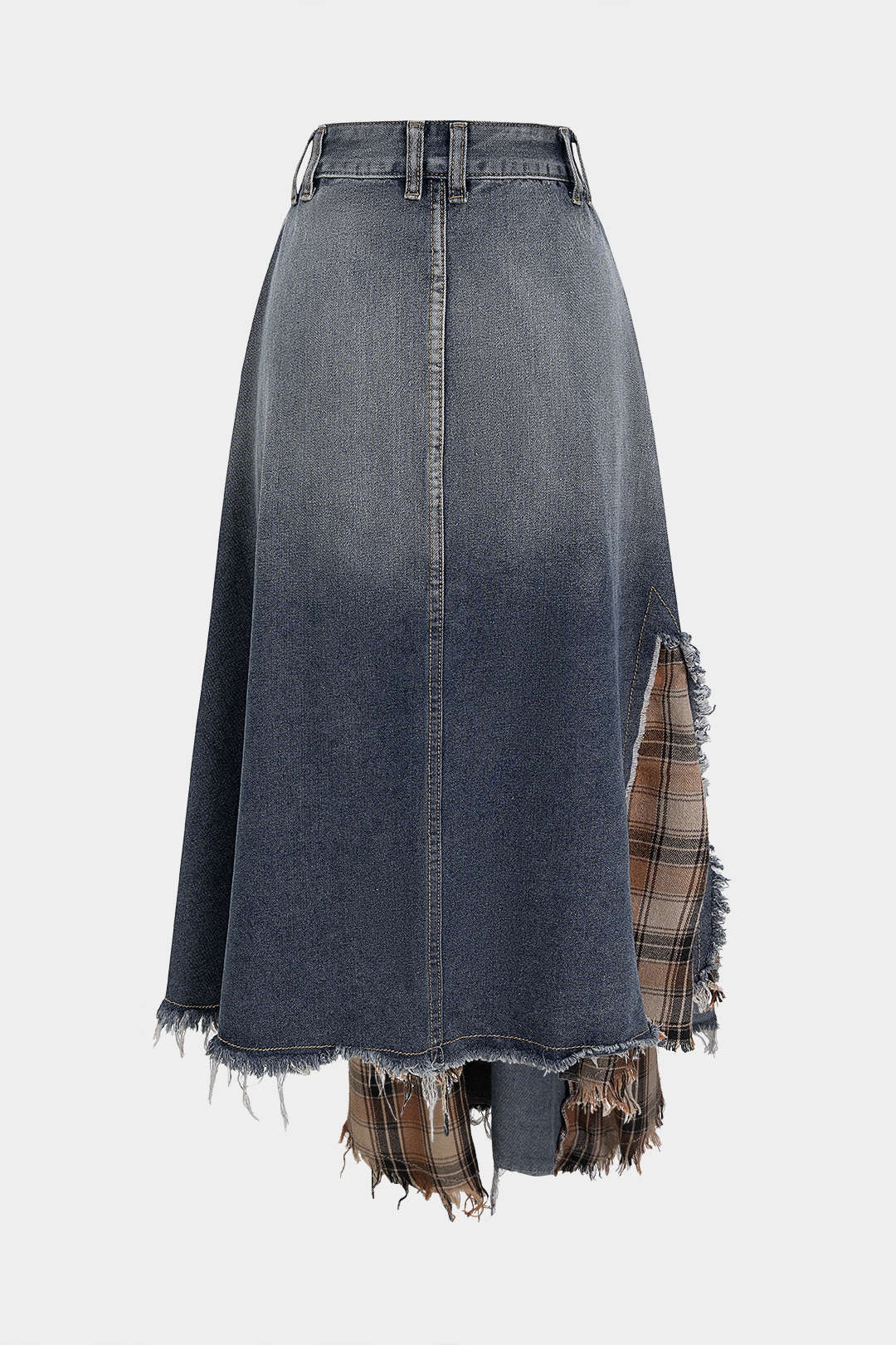Denim Plaid Print Patchwork Frayed High Waist Skirt - Image 2