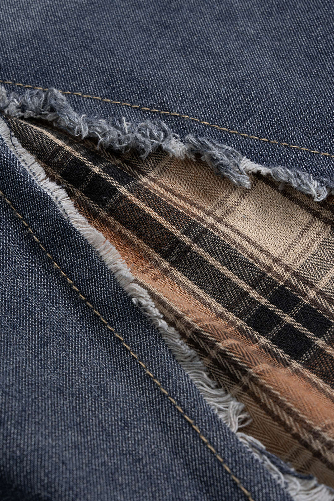 Denim Plaid Print Patchwork Frayed High Waist Skirt - Image 4