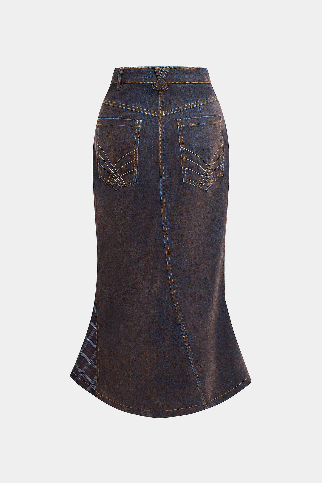 Denim Washed Plaid Print Patchwork Skirt - Image 2
