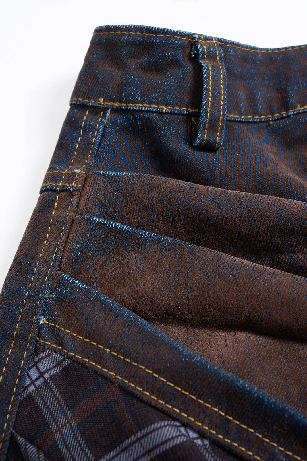 Denim Washed Plaid Print Patchwork Skirt - Image 3