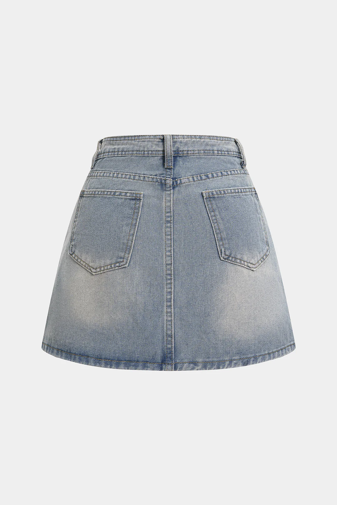Denim Patchwork Lace Trim Asymmetrical High Waist Skirt - Image 2