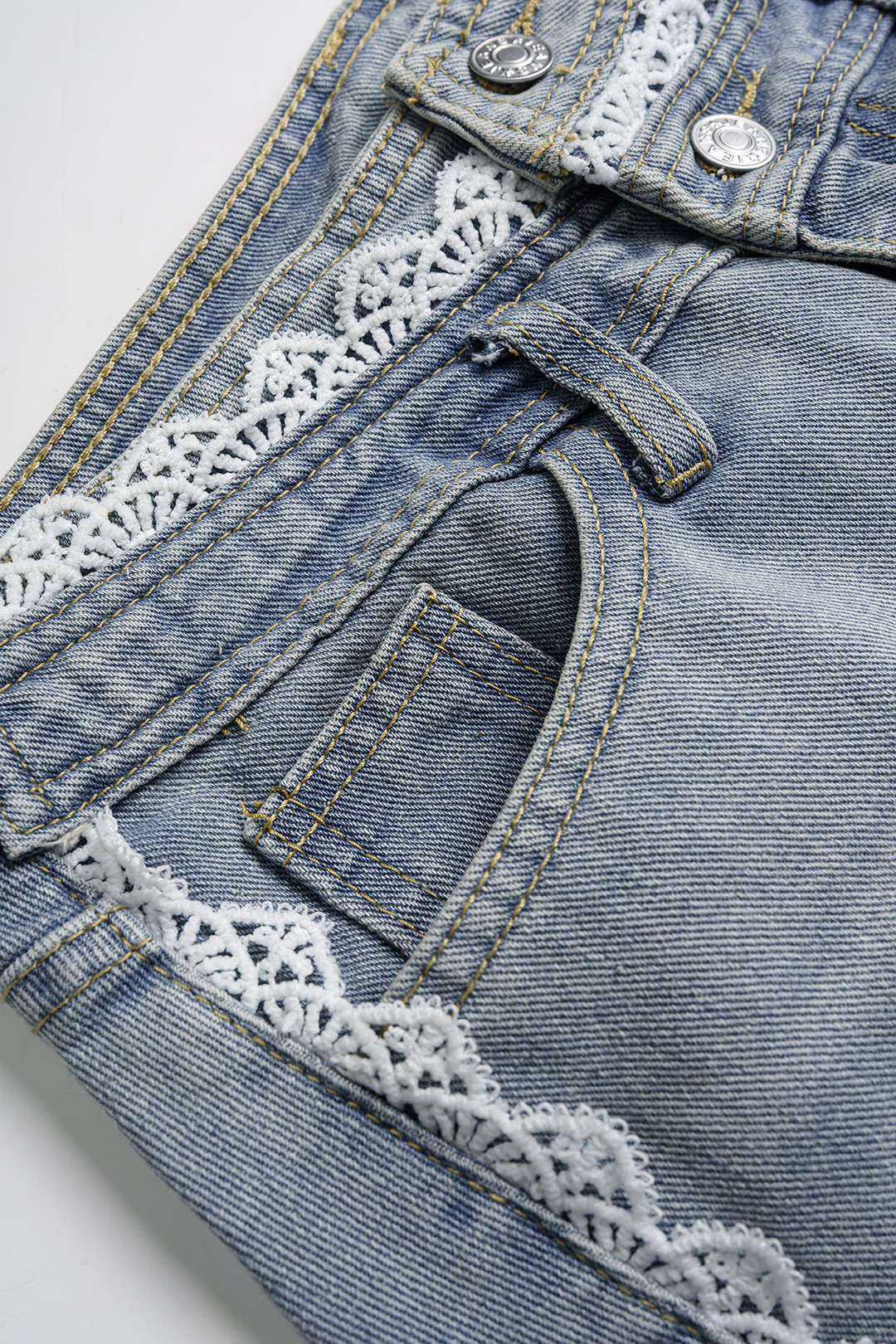Denim Patchwork Lace Trim Asymmetrical High Waist Skirt - Image 3