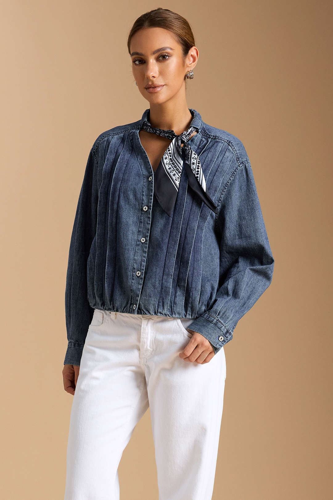 Denim Tie-Up Pleated Long Sleeve Shirt - Image 2