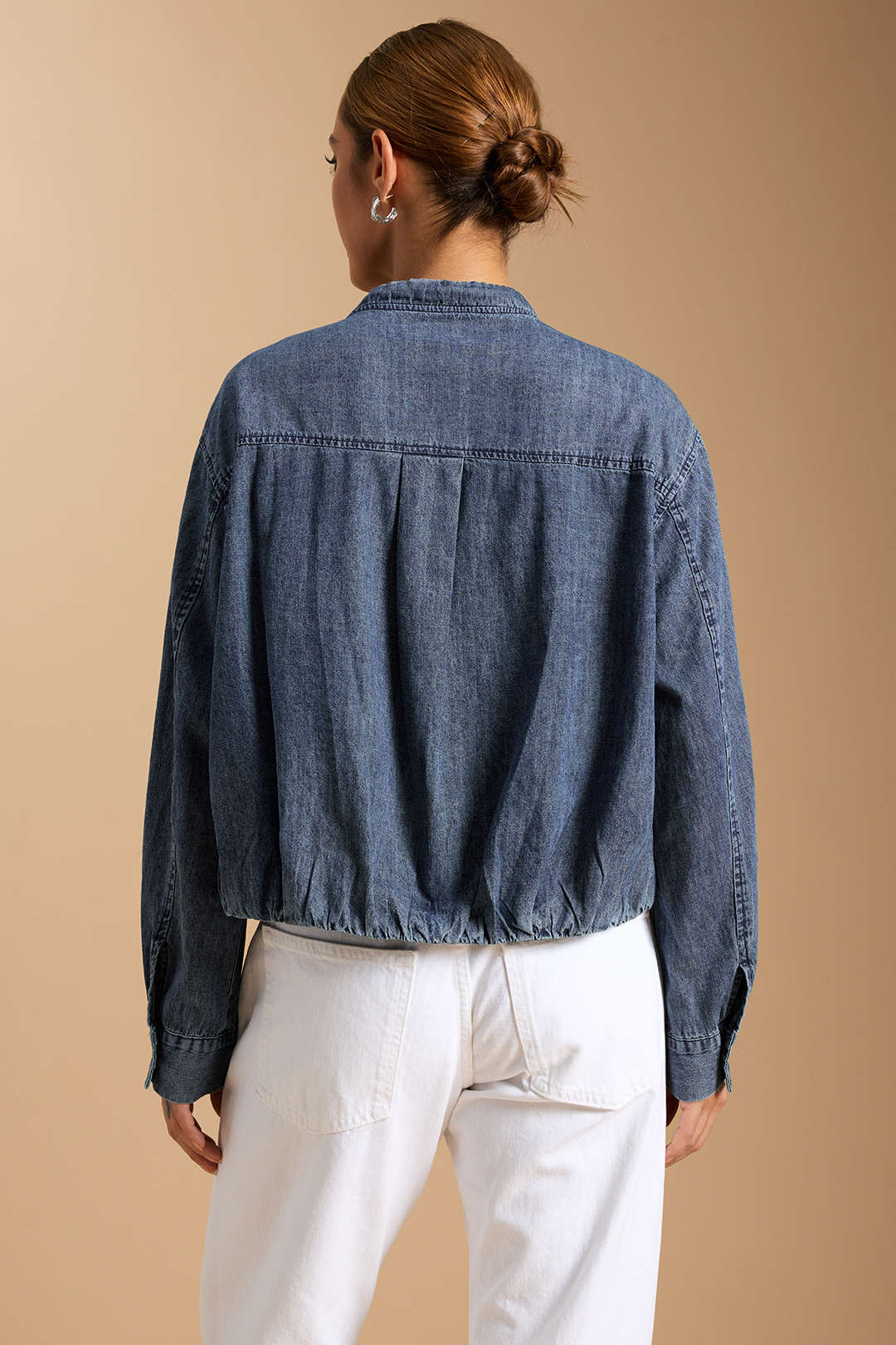 Denim Tie-Up Pleated Long Sleeve Shirt - Image 3