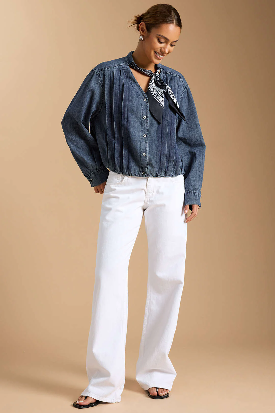 Denim Tie-Up Pleated Long Sleeve Shirt - Image 4