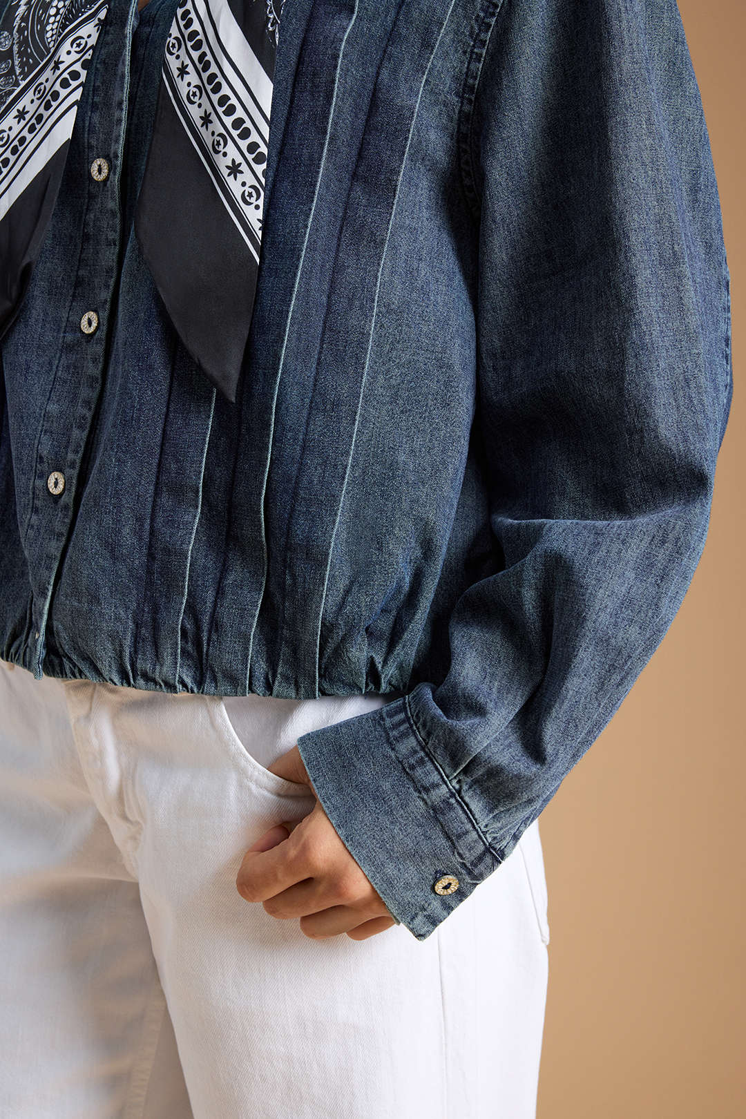 Denim Tie-Up Pleated Long Sleeve Shirt - Image 5