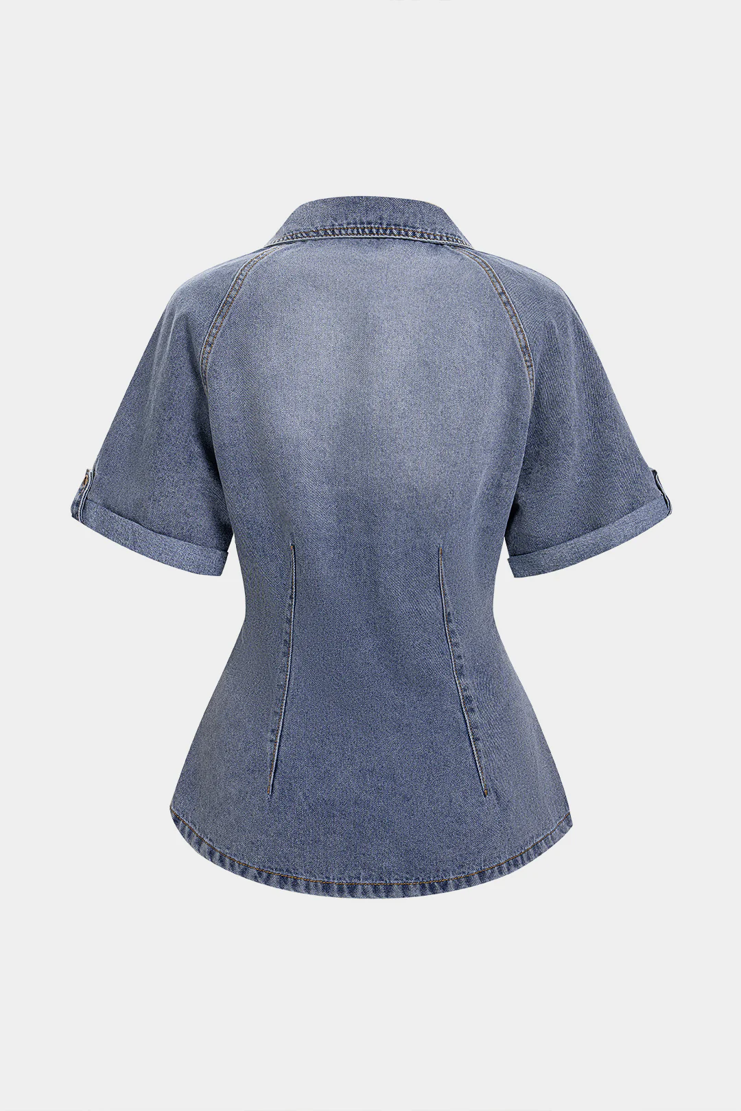 Denim Contrast Metallic Button Short Sleeve Top - Image 2