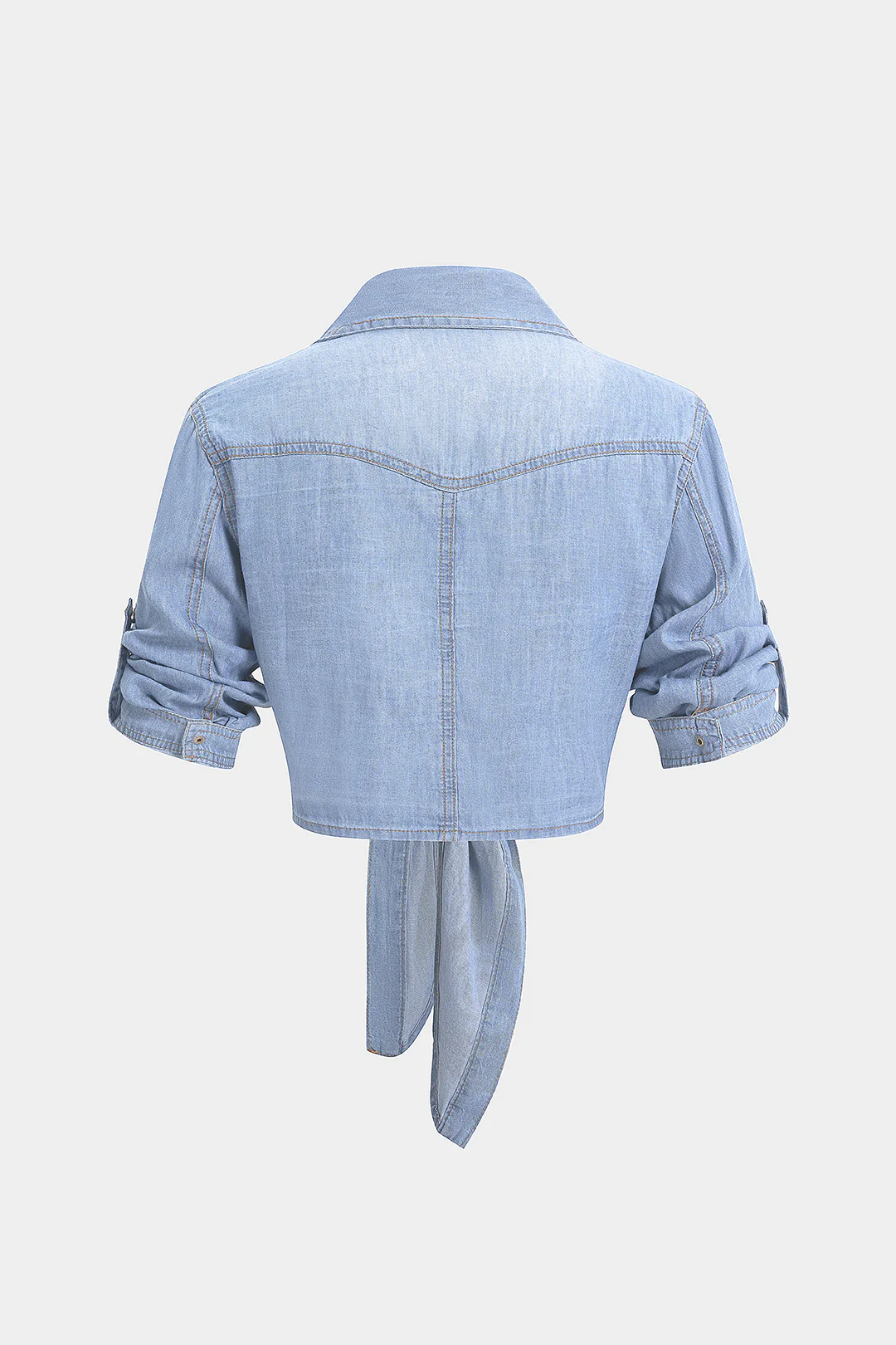 Denim Lapel Knotted Short Sleeve Shirt - Image 2