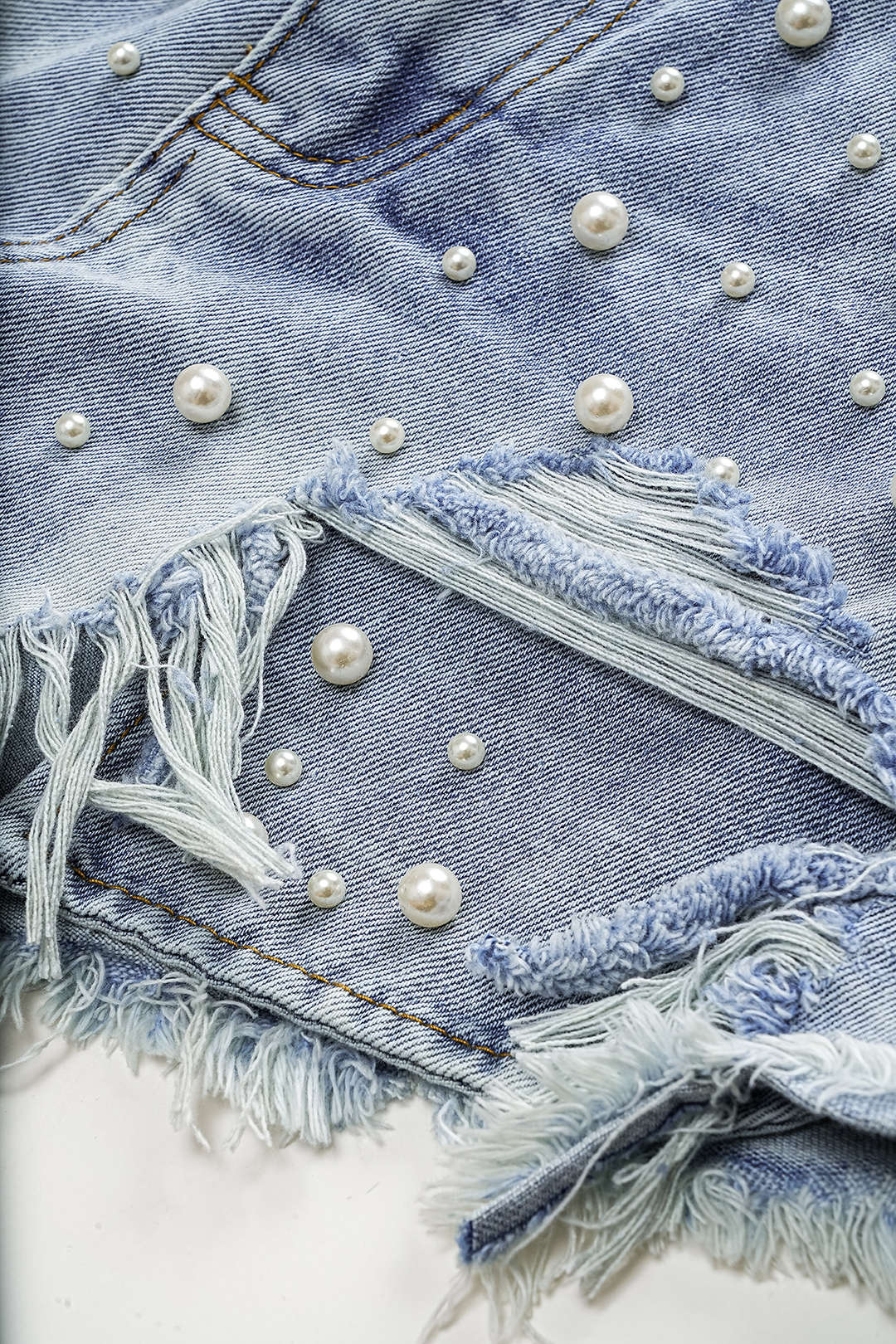 Denim High Waist Beaded Shorts - Image 3