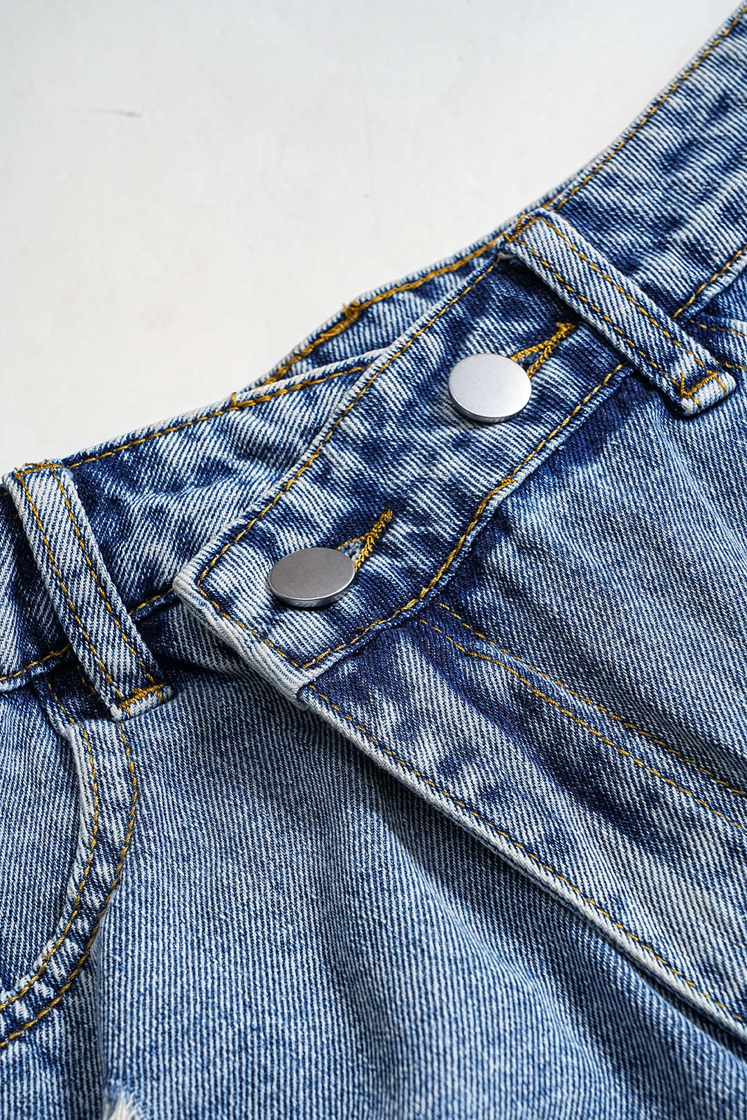 Denim Asymmetry Ripped Button Pocket Shorts - Image 3