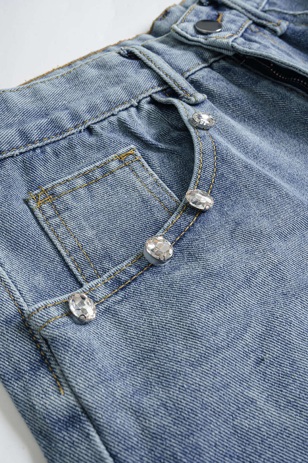 Denim Zipper Rhinestone Trim Pocket Shorts - Image 3