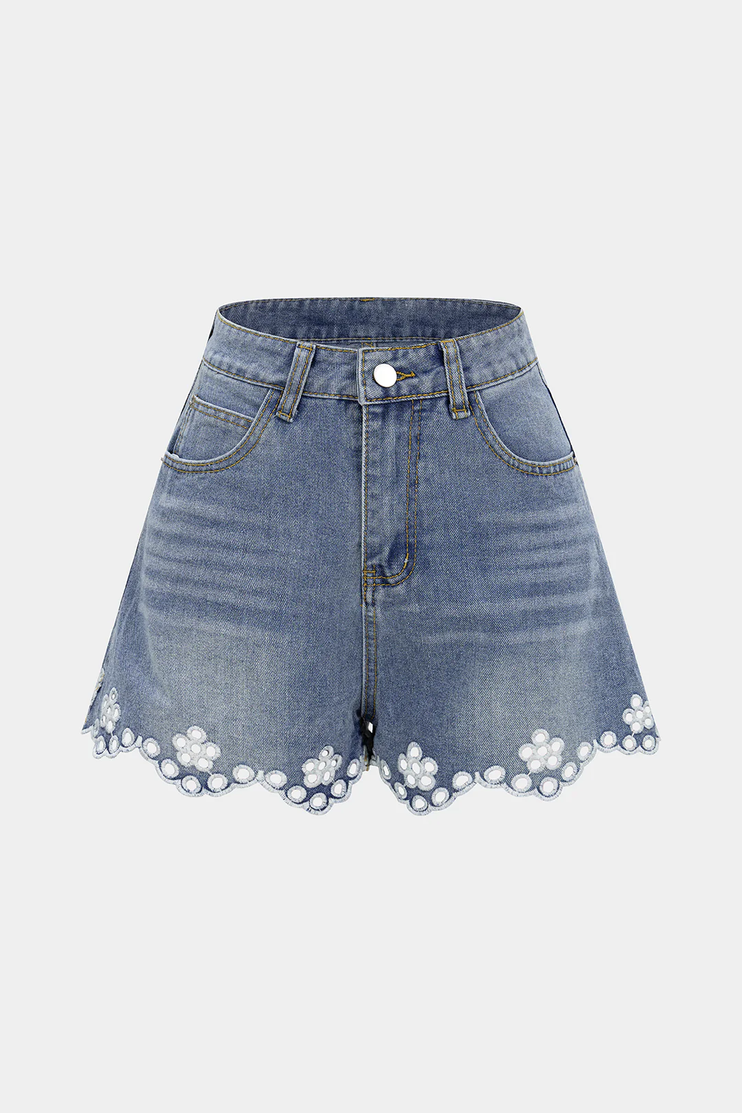 Denim Hollow Out Embroidery Floral Shorts
