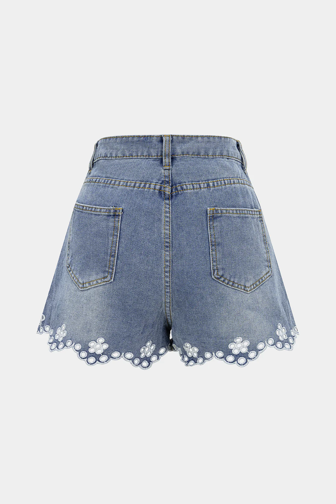 Denim Hollow Out Embroidery Floral Shorts - Image 2