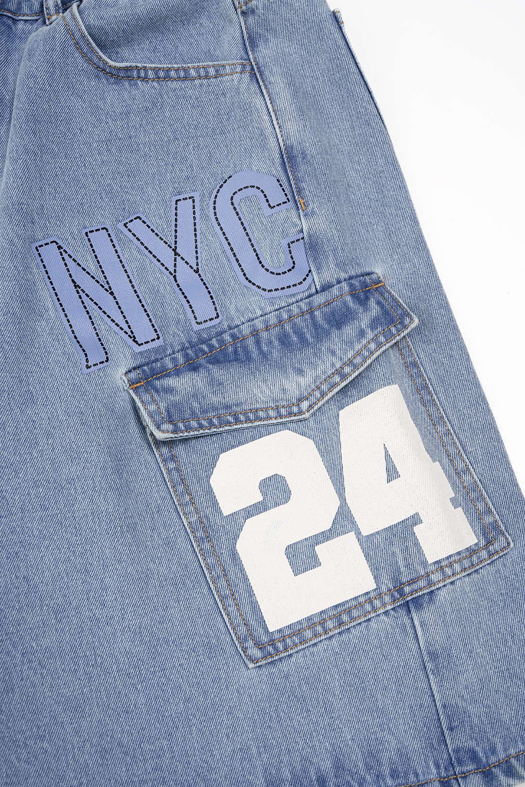 Denim Digital Letter Print Pocket High Waist Shorts - Image 4