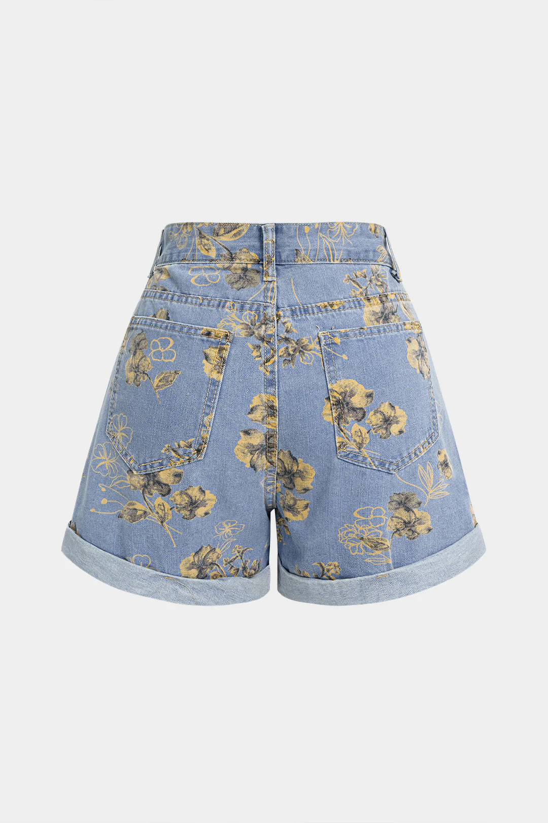 Denim Floral Print High Waist Shorts - Image 2