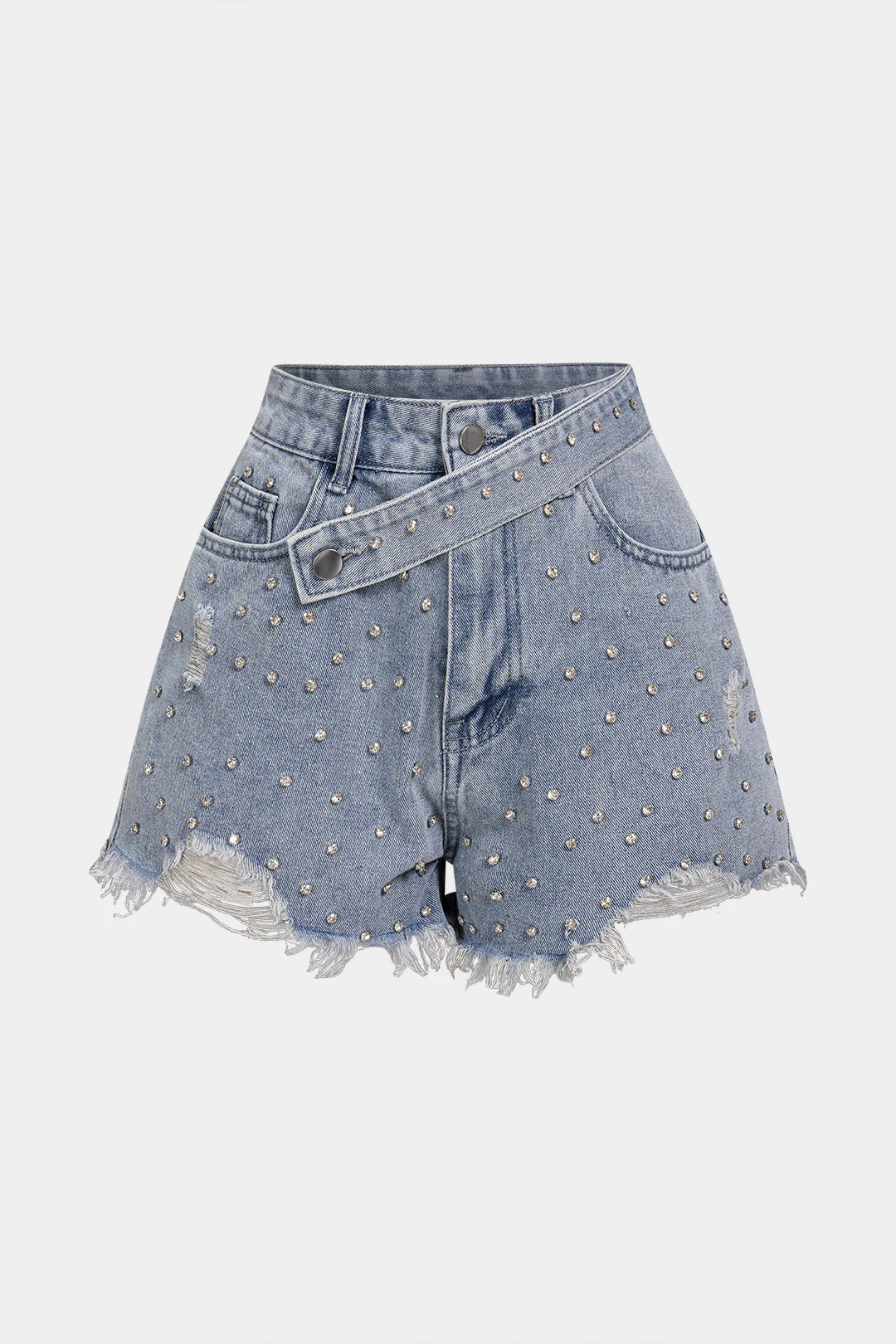 Denim Ripped Rhinestone Asymmetrical Shorts