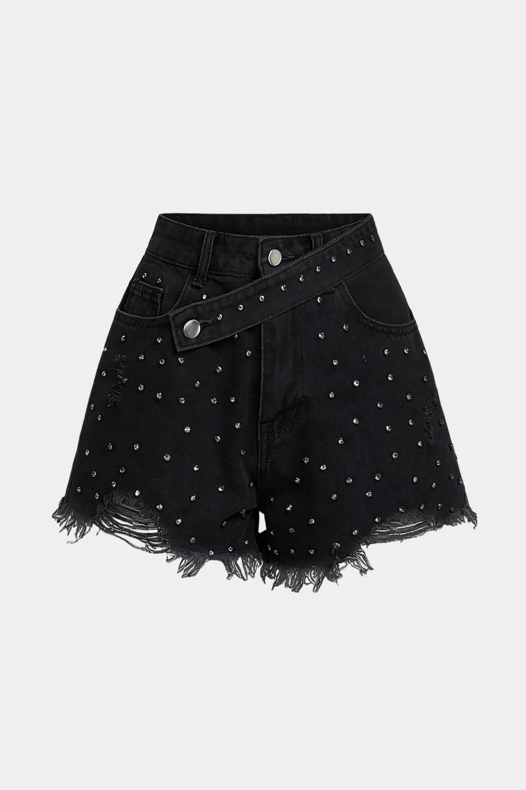 Denim Ripped Rhinestone Asymmetrical Shorts - Image 5