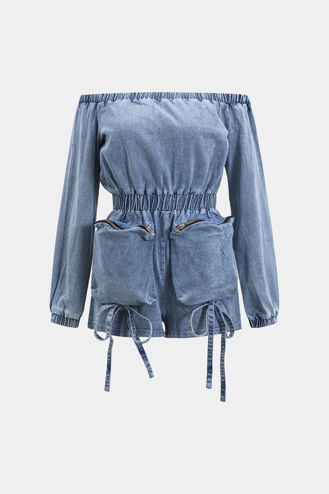 Denim Off Shoulder Shirred Zipper Pocket Long Sleeve Jumpsuit - Image 2