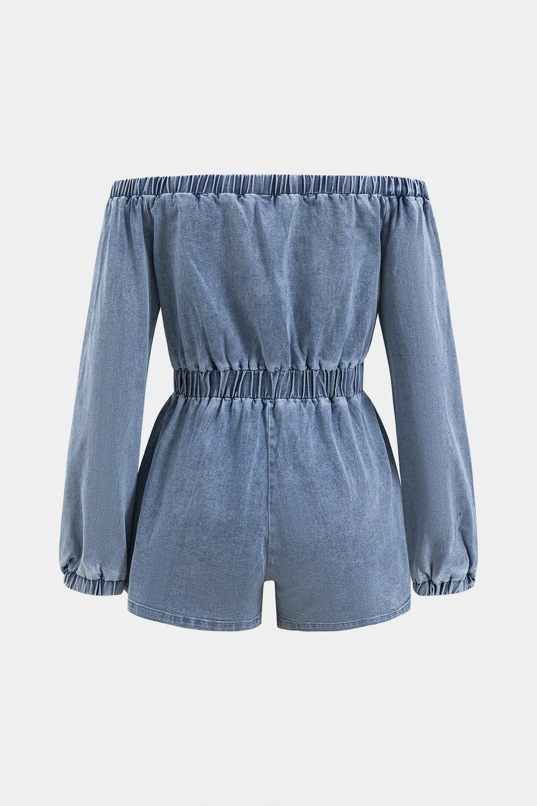 Denim Off Shoulder Shirred Zipper Pocket Long Sleeve Jumpsuit - Image 3