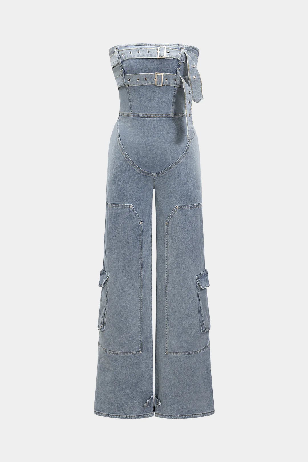 Denim Belted High Waist Strapless Sleeveless Jumpsuit
