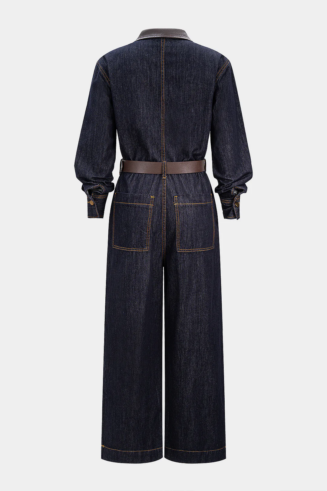 Denim Faux Leather Patchwork Belted Long-Sleeve Jumpsuit - Image 2