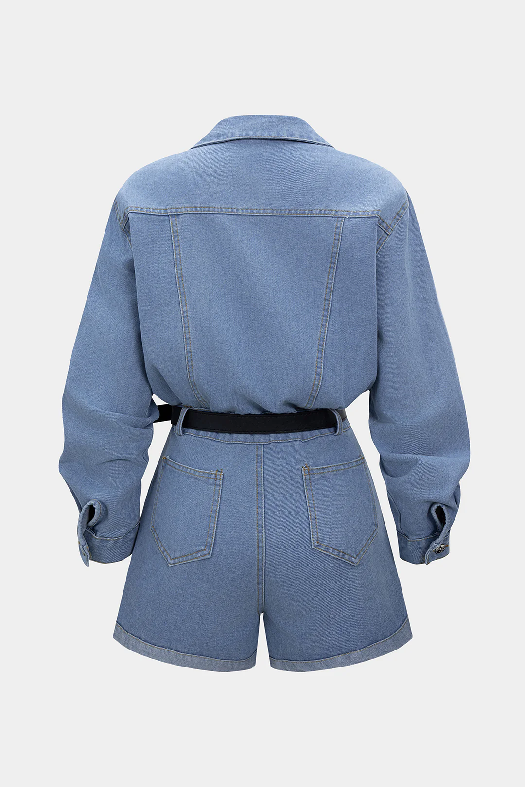 Denim Button Belted Long Sleeve Romper - Image 2