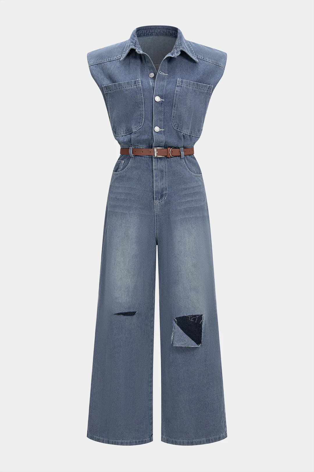 Denim Button Belted Ripped Sleeveless Jumpsuit