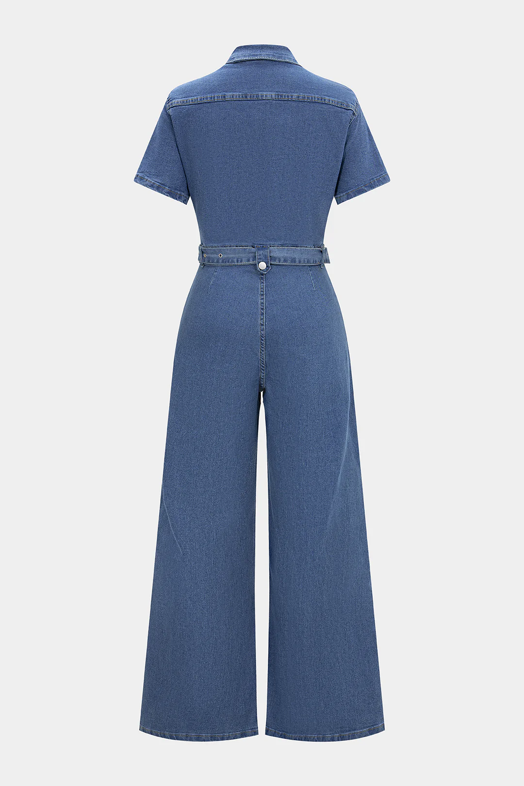 Denim Lapel Short Sleeve Belted Pocket Wide Leg Jumpsuit - Image 2
