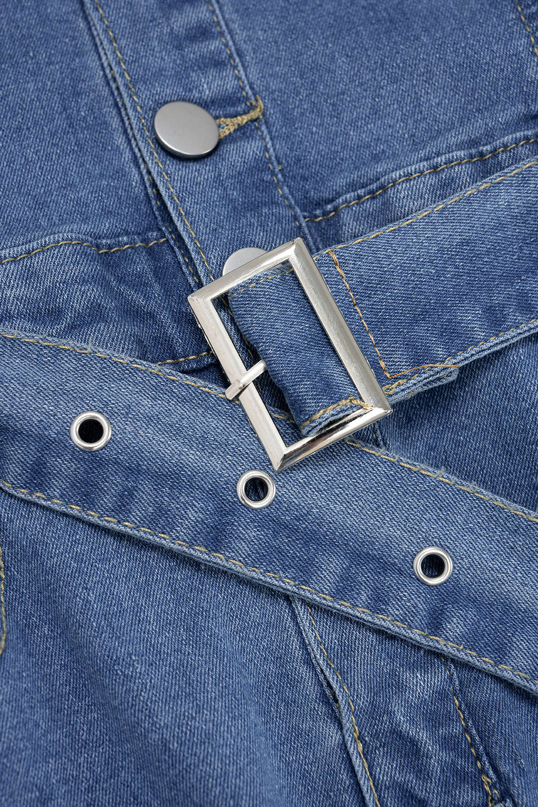 Denim Lapel Short Sleeve Belted Pocket Wide Leg Jumpsuit - Image 3