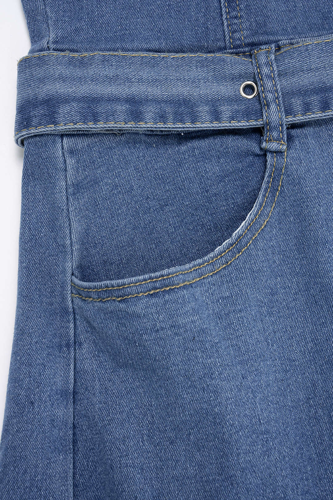 Denim Lapel Short Sleeve Belted Pocket Wide Leg Jumpsuit - Image 4